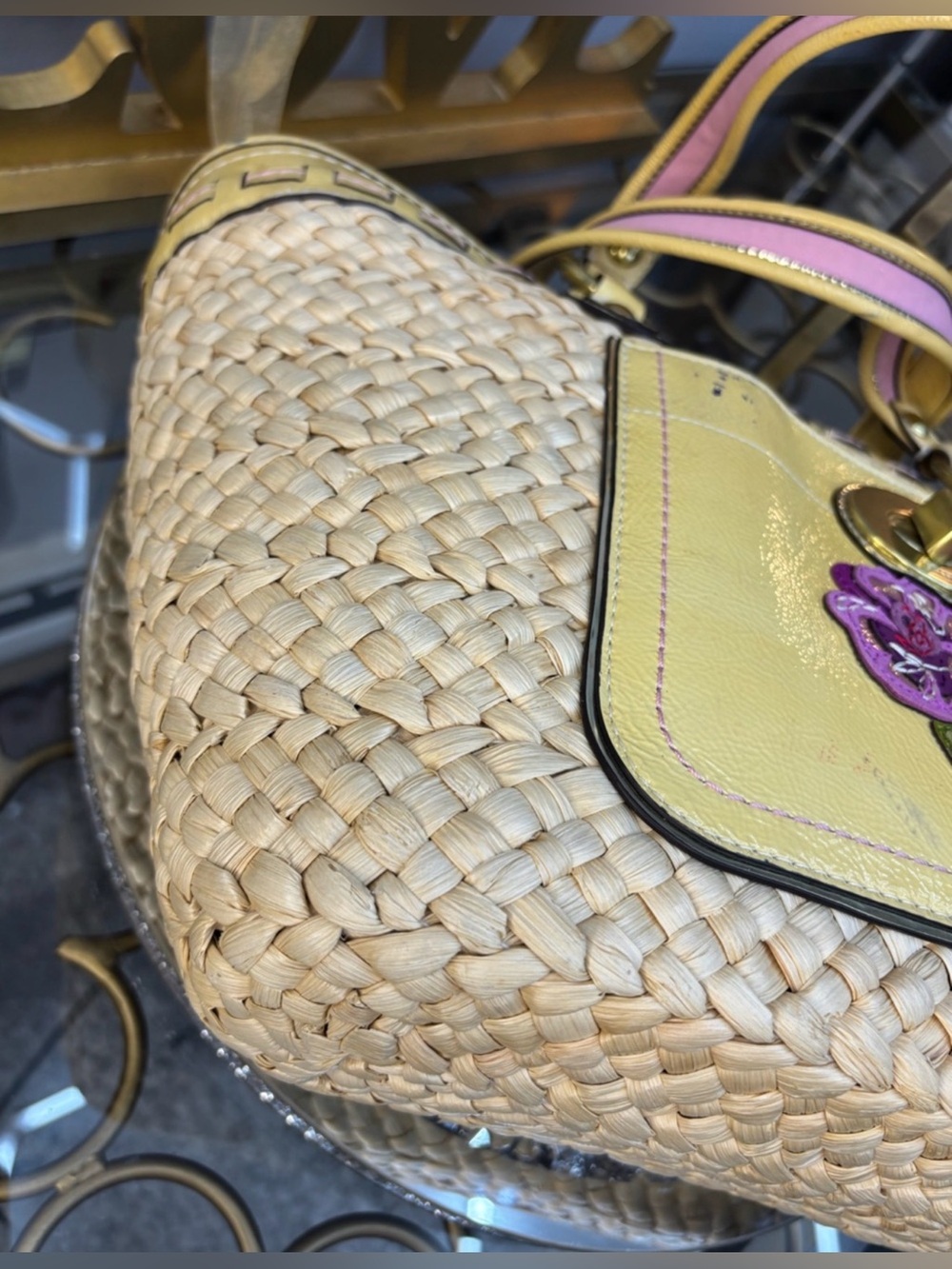 Coach Legacy Yellow Leather  Straw Tote with Pink Floral Applique and Scarf - Picture 13 of 15
